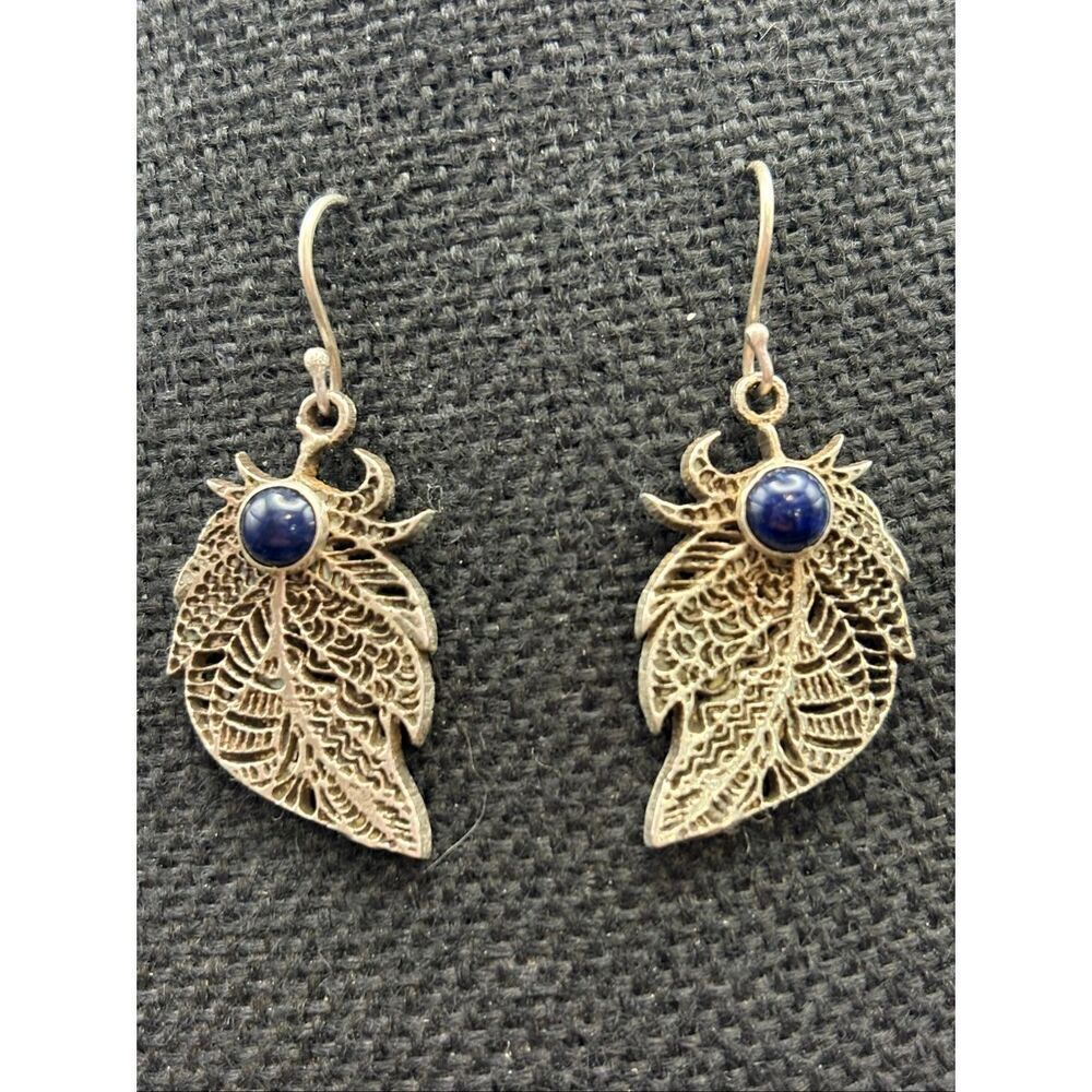 Blue Sodalite Stone & Sterling Silver Feather Earrings, NEW